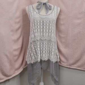 Areve Crochet and Grey Chiffon Tie Neck Boho Blouse